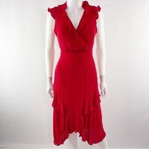 Parker Women's Classic Red Sleeveless Ruffle Silk Midi Dress V-Neck Size 0